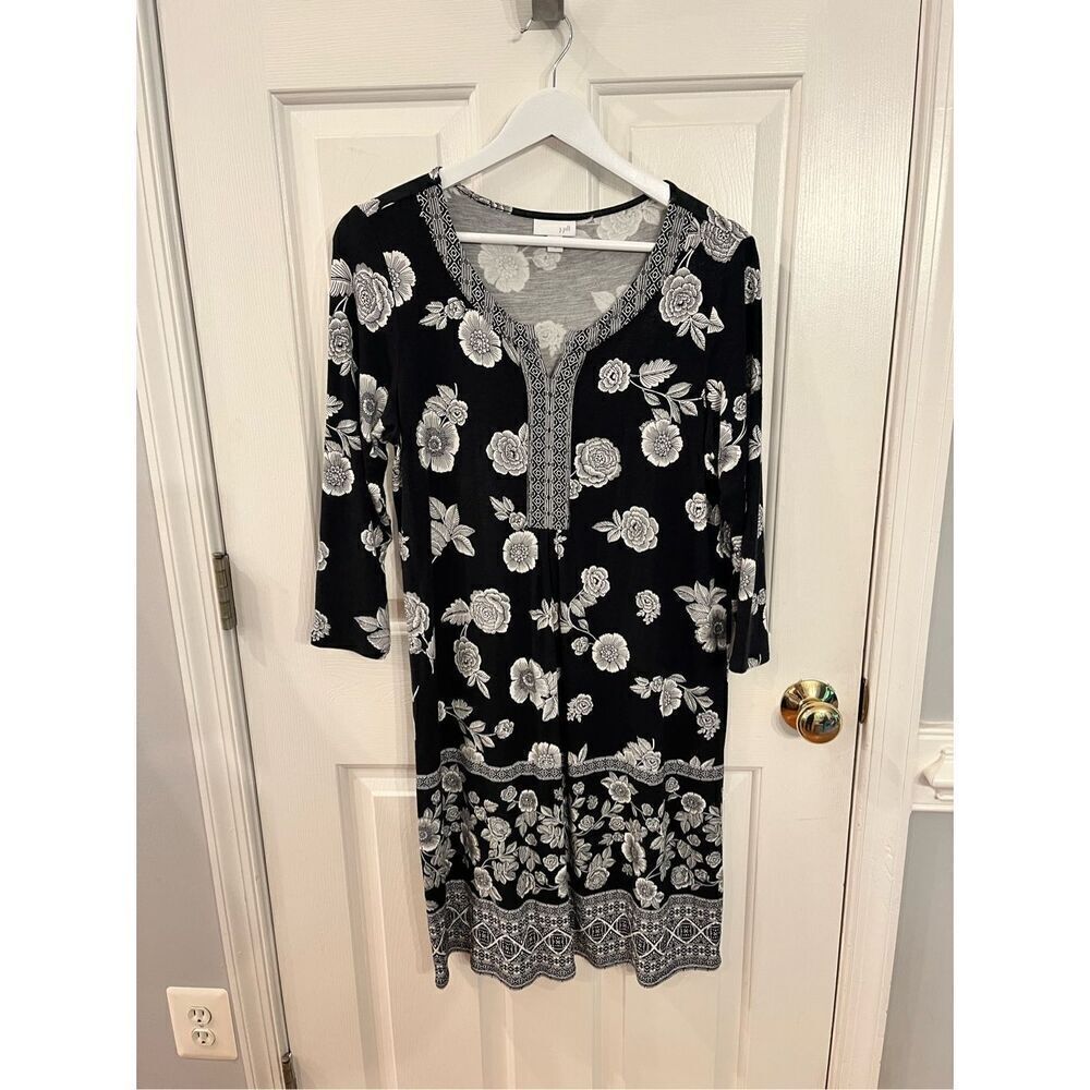 J. Jill Black Floral 3/4 Sleeve Tunic Dress sz S EUC